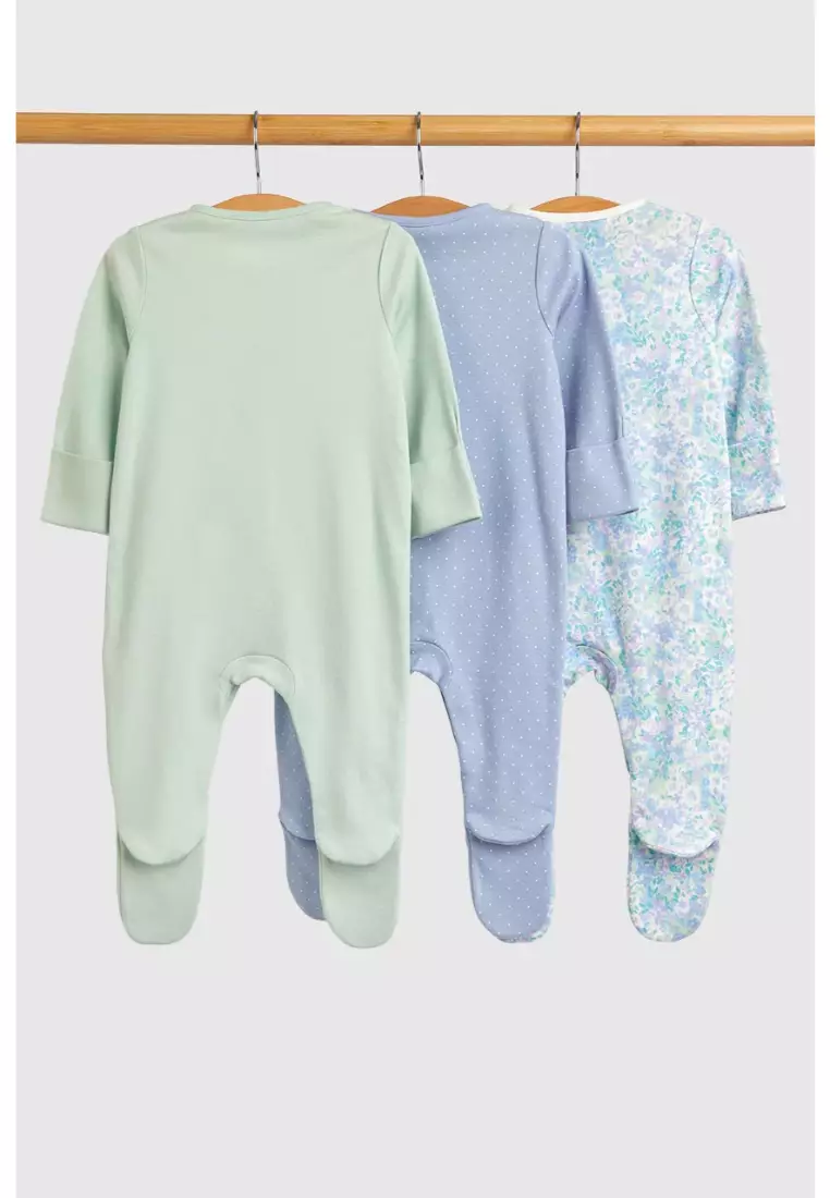 Blue Floral Baby Sleepsuits - 3 Pack