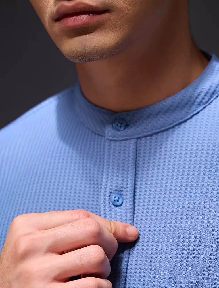 OXCON kemeja Tangan Panjang Waffle Kerah Collarless Blue Denim