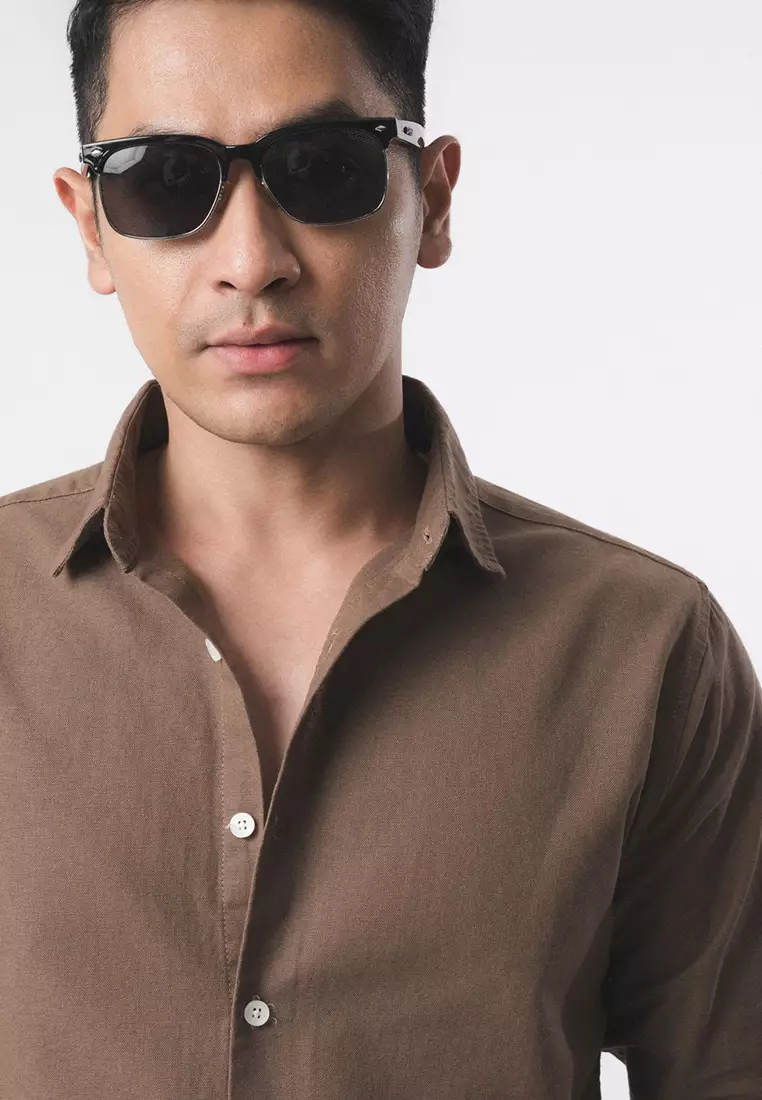 Linen Blend Slim Fit Shirt - Wood Brown LS