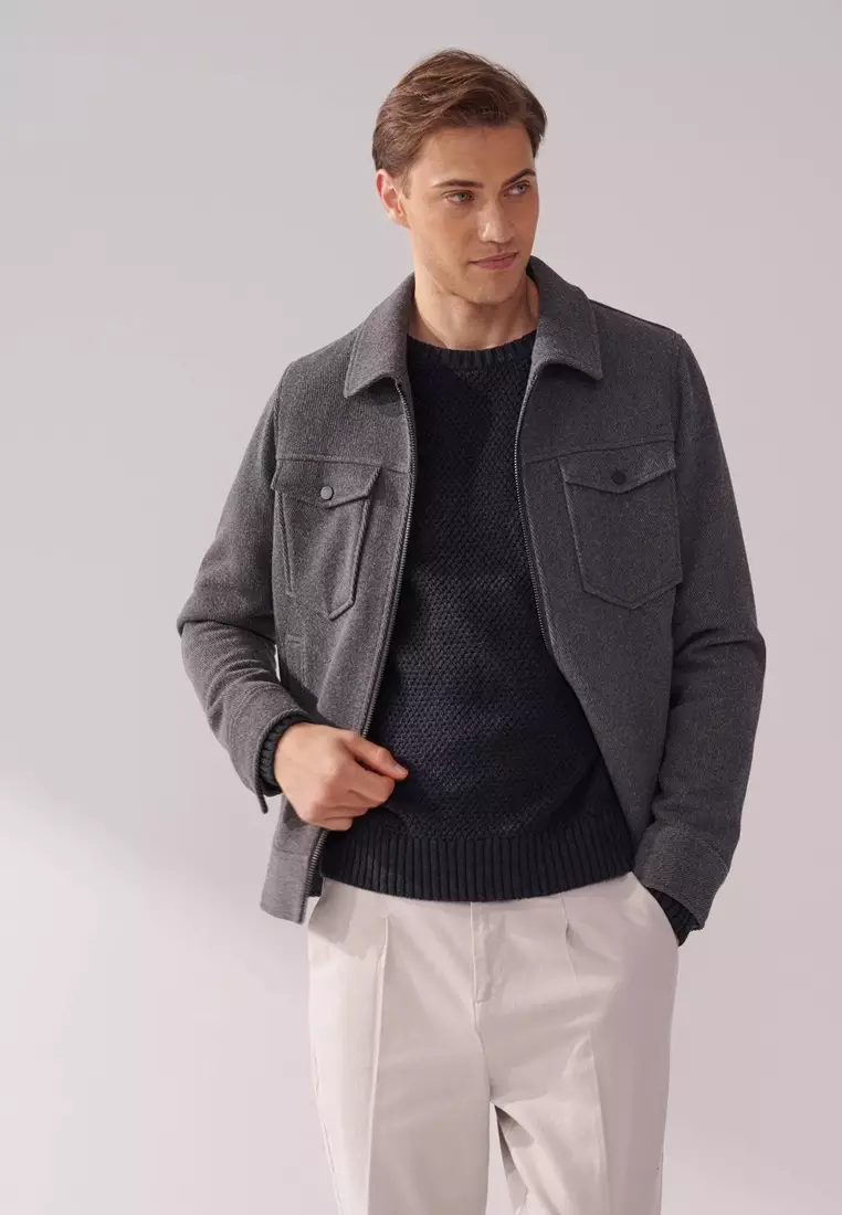 Grey Cable-Knit Crew Neck Sweater