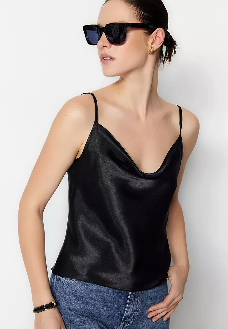 Buy Solid Satin Cami Top Black For Women