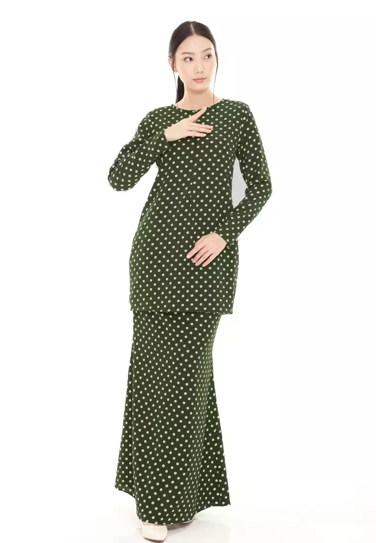 Rina Printed Kurung Modern in Olive Green Polka Dot