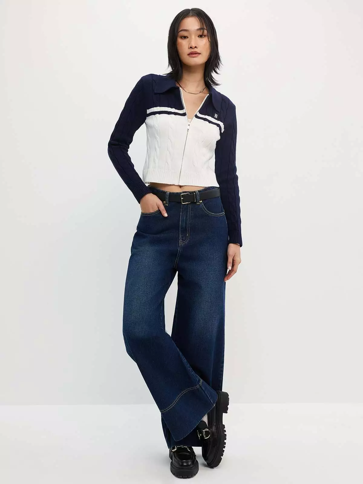 Two Tone Knitted Zipper Jacket - Navy