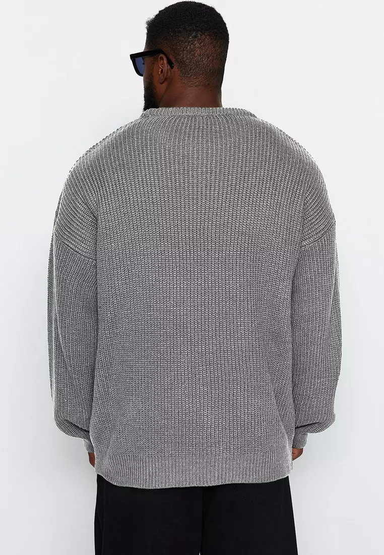 Men's Oversize Gray Knitwear Sweater - Crew Neck, Plus Size Tmnaw24An00001