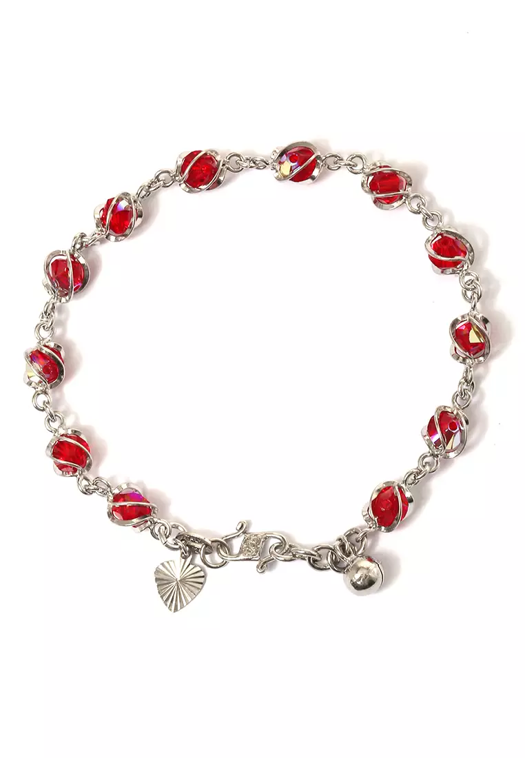 Bracelet Batu Kristal Perhiasan Aksesoris Wanita Perak - Merah