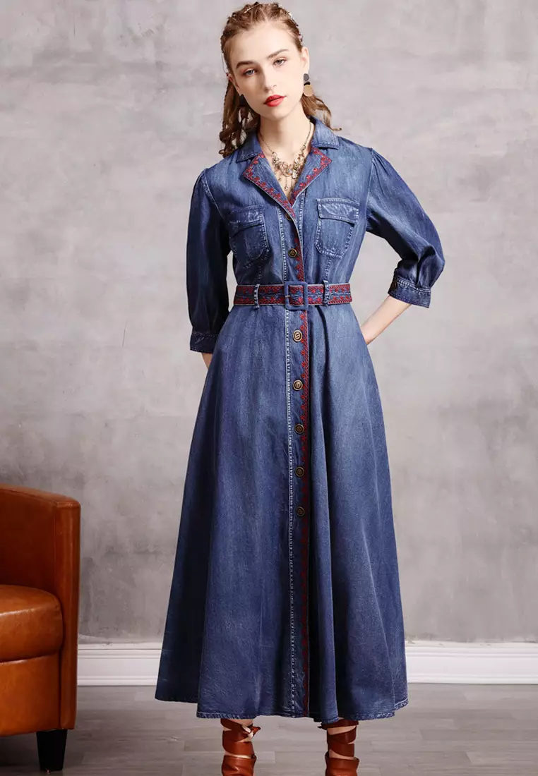 Buy Twenty Eight Shoes VANSA Mid-length Belted Denim Dress VCW - Main Image