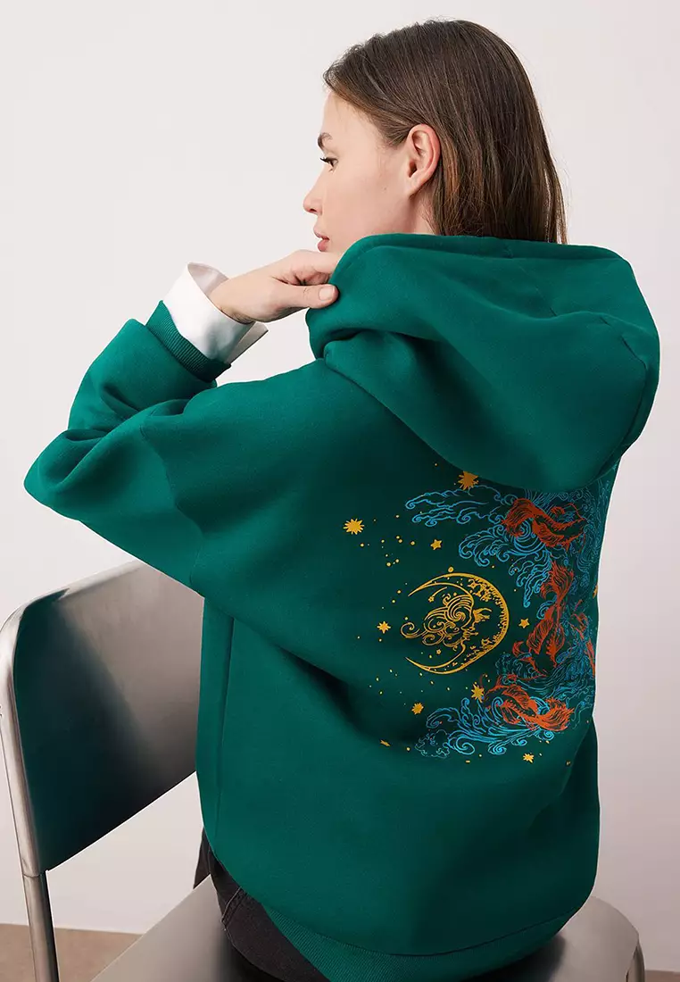 Emerald Green Thick Fleece Lined Hooded Printed Oversize Knitted Sweatshirt