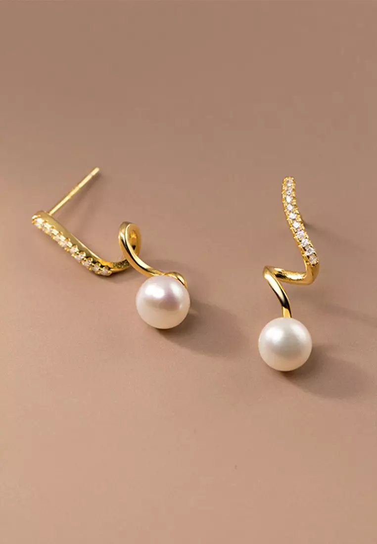 925 Silver Gold Plated Spiral Faux Pearl Earrings JW AR-M01676
