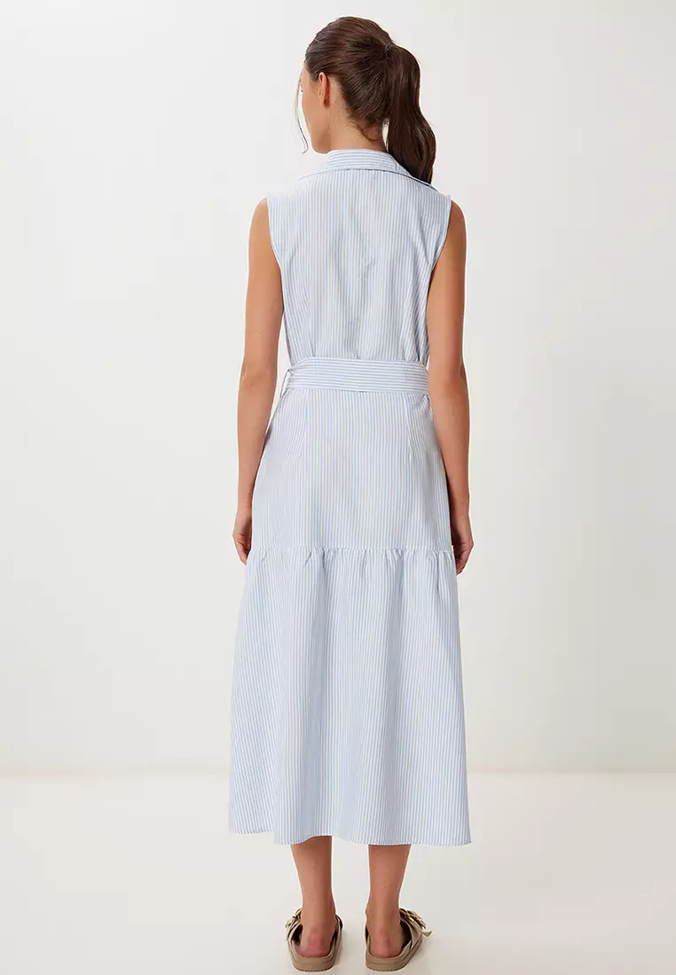 Women's Blue Bone Striped Belted Midi Shirt Dress Rg00069
