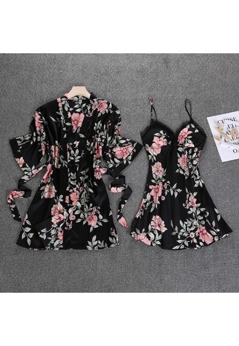 Primrose Lux black Primrose Lux Pauline Silk Dress and Kimono Set Black F60D3AA76FB53EGS_1
