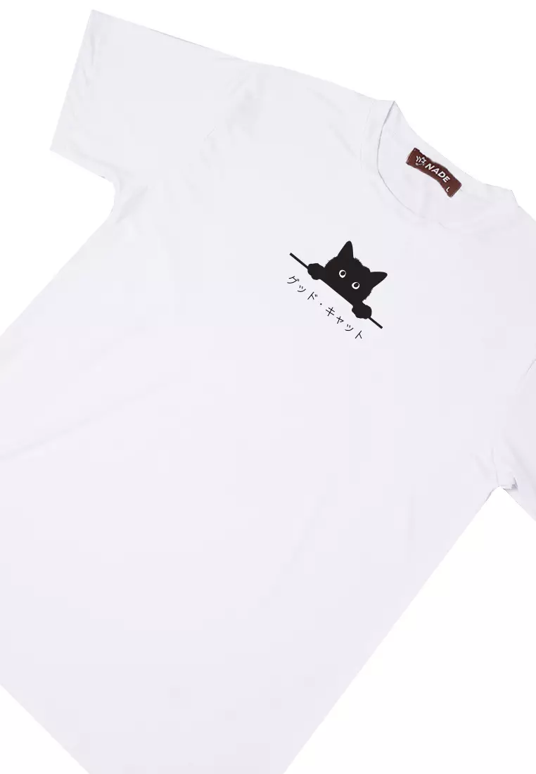NTD71 kaos gambar kucing lengan pendek anti kusut ringan stretch "black cat peek" putih