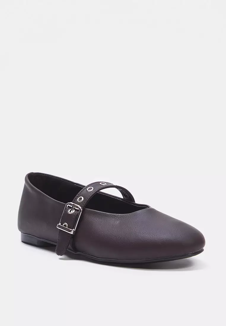 Dark Brown Eyelet Belt Almond Toe Mary Jane Women's Ballerinas Takss25Be00044