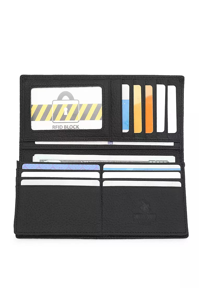 Genuine Leather RFID Long Wallet - Black