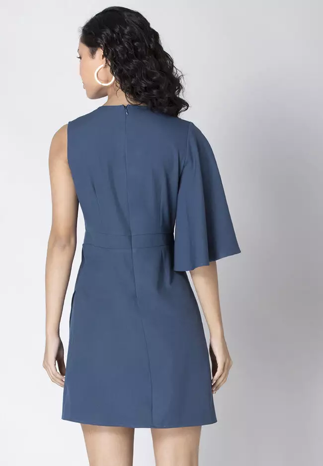 Slate Blue One Sleeve Pleated Bodycon Dress
