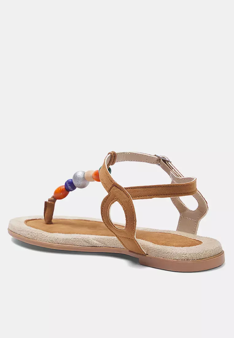 Brown Bead Detailed Women's Flip Flops Sandals Takss25Sd00029