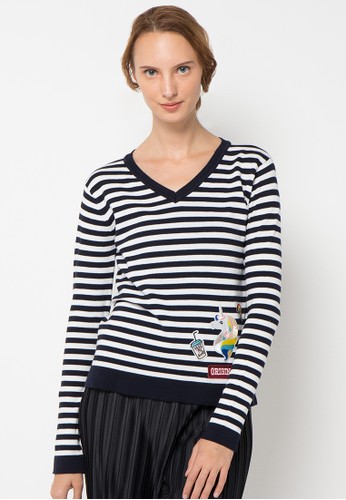 Belvie Stripe Patched Sweater Blouse in Navy
