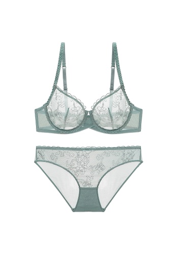 XAFITI green Women's American Style Ultra-thin See-through Lace-trimmed Lingerie Set (Bra And Underwear) - Green 4F288USCEDF4B8GS_1