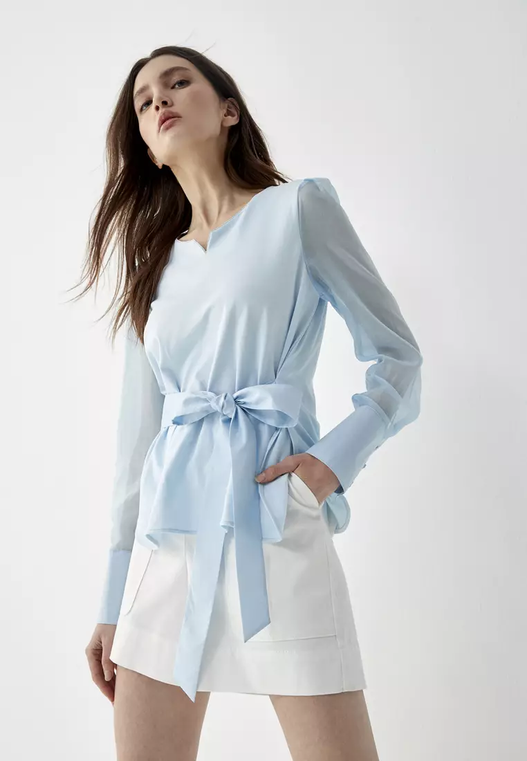 Long Sleeve Top With Front Ribbon Waist Tie