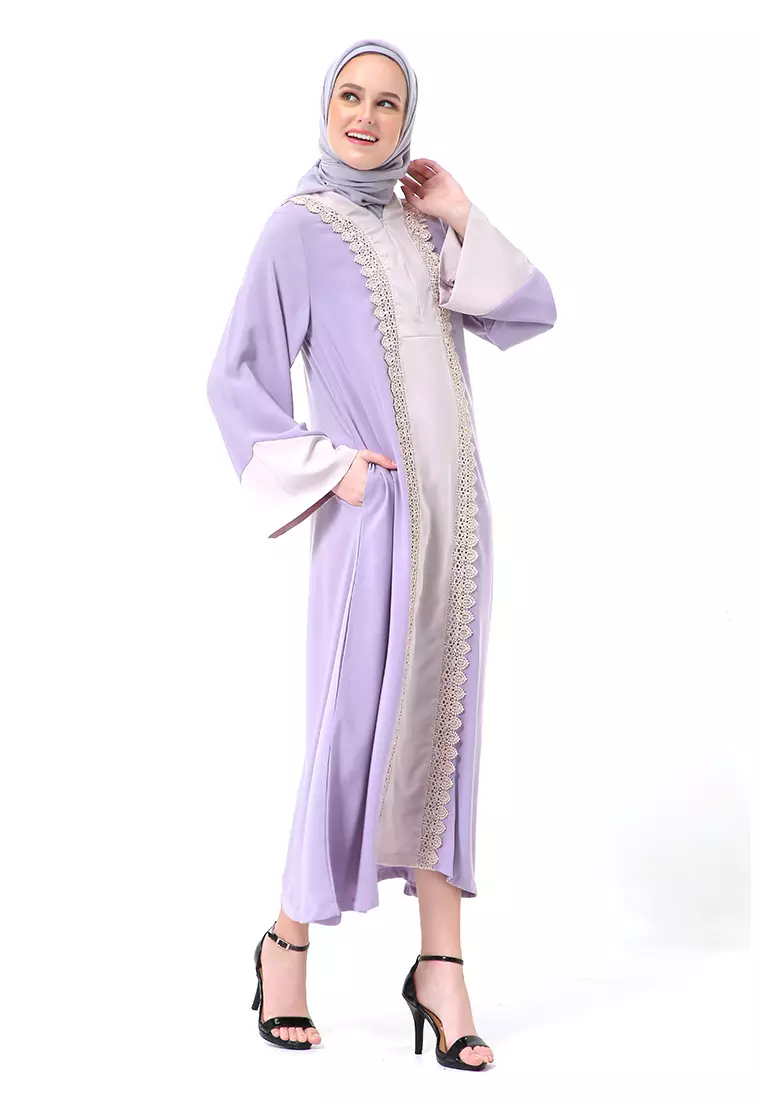 Catlana Long Hidden Pocket Abaya Turkey Variasi Renda Premium High Quality - Lavender