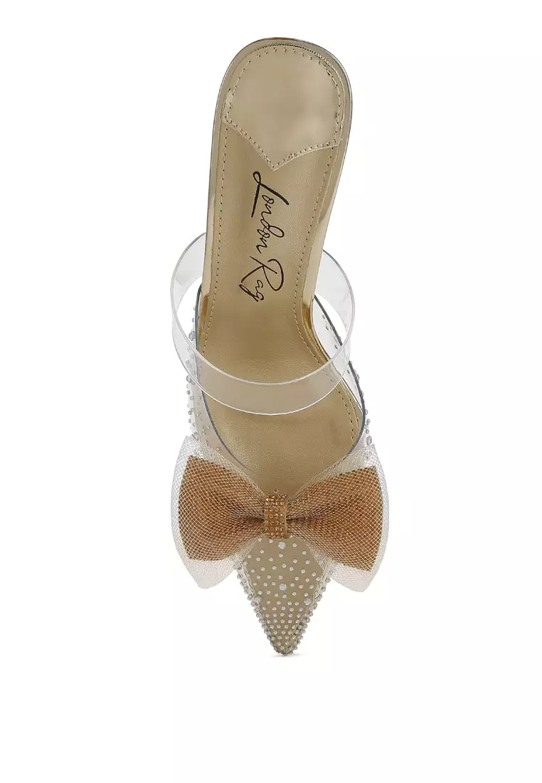 Embellished Bow Kitten Heels in Gold
