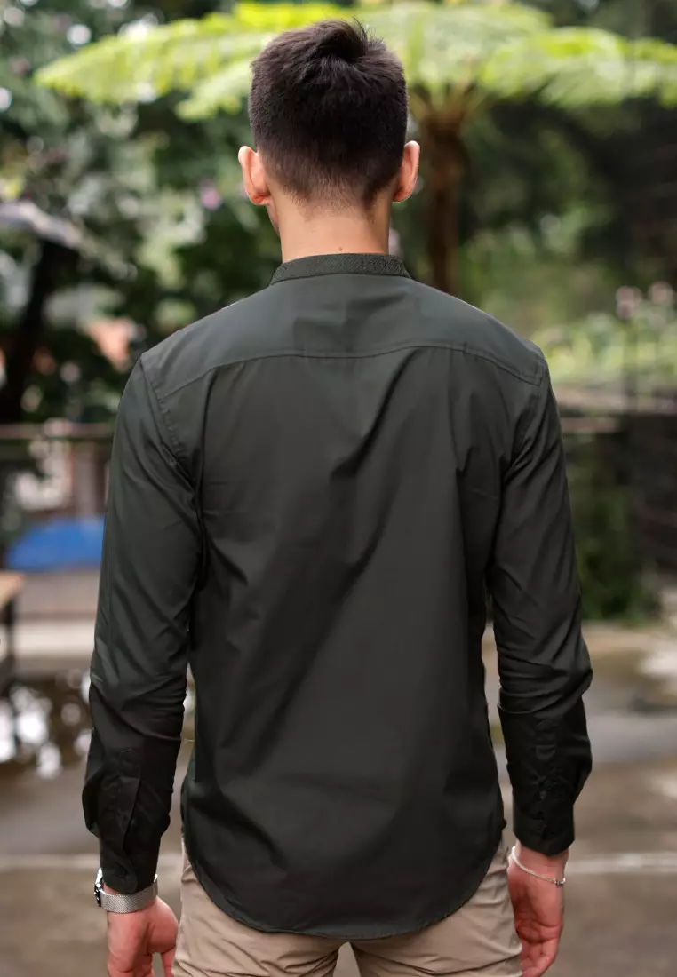 OXCON Kemeja Tangan Panjang koko bordir embrodiery collarless shirt seaweed