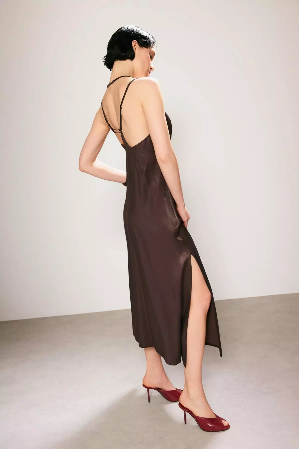 Trendyol Studio Brown Satin Maxi Woven Dress Twoss26El386