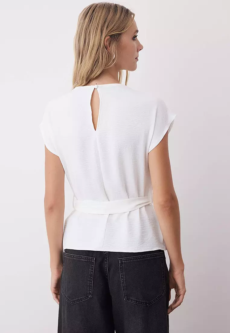 White Sleeveless Belted Woven Blouse