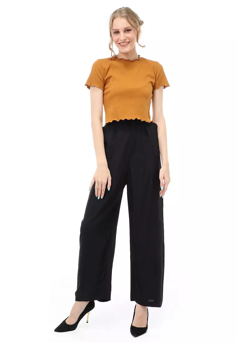 Jourel Celana Panjang Kasual Kulot Highwaist Wanita Style Kancing Resleting Material Rayon ORIGINAL - Black