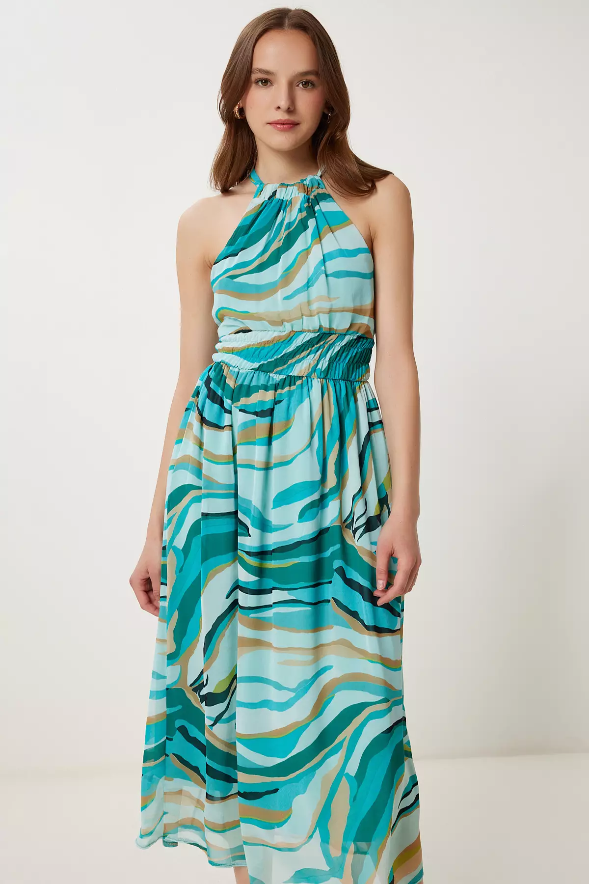 Women's Green Beige Patterned Flounced Midi Chiffon Dress Fg00029