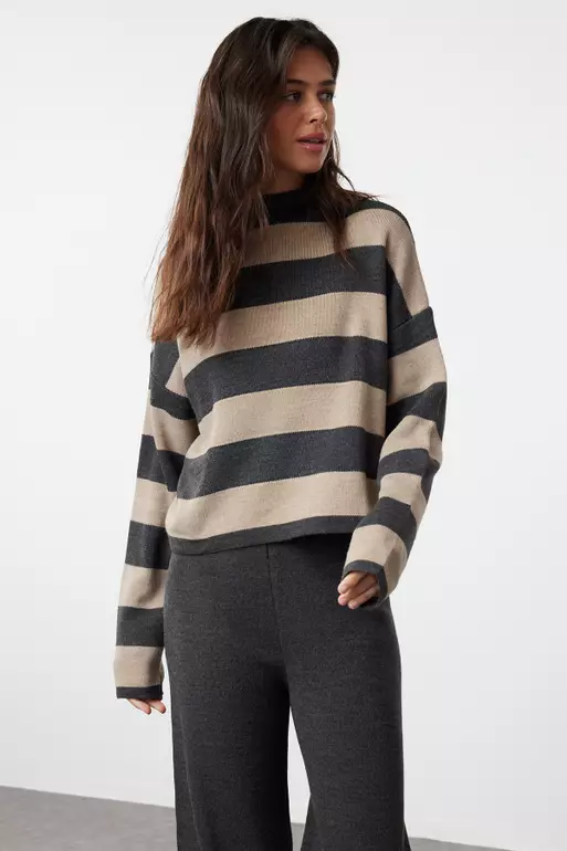 Anthracite Wide Pattern Striped Knitwear Top-Top Set