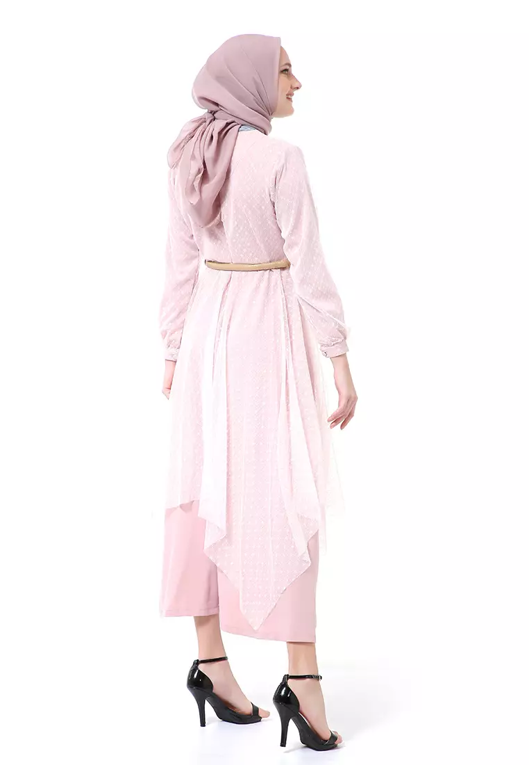 Zahwa Long Dress Gamis Muslimah Long Sleeve Free Belt High Quality - Pink