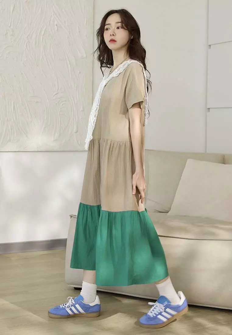 純棉撞色蛋糕裙傘襬短袖長洋裝《DA10519》