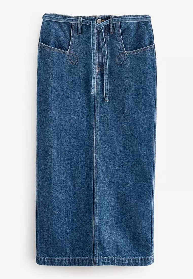 100% Cotton Belted Pocket Stitch Midi Skirt