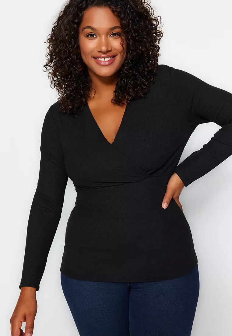 Plus Size Double-Breasted Crimson Knit Top