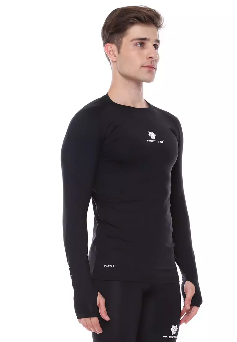 Tiento Man Baselayer Sport Rashguard Thumbhole Black Manset Olahraga Pria Lubang Jari Original
