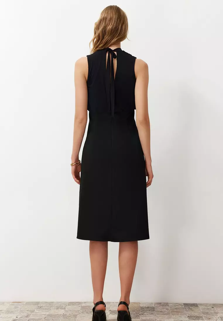 Sleeveless Mock Neck Slit Midi Dress