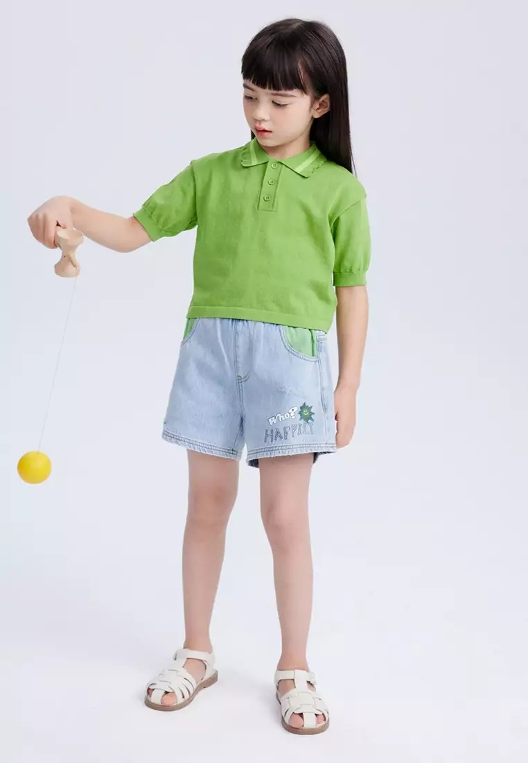 Two-Colour Pocket Geometric Embroidered Logo Denim Shorts