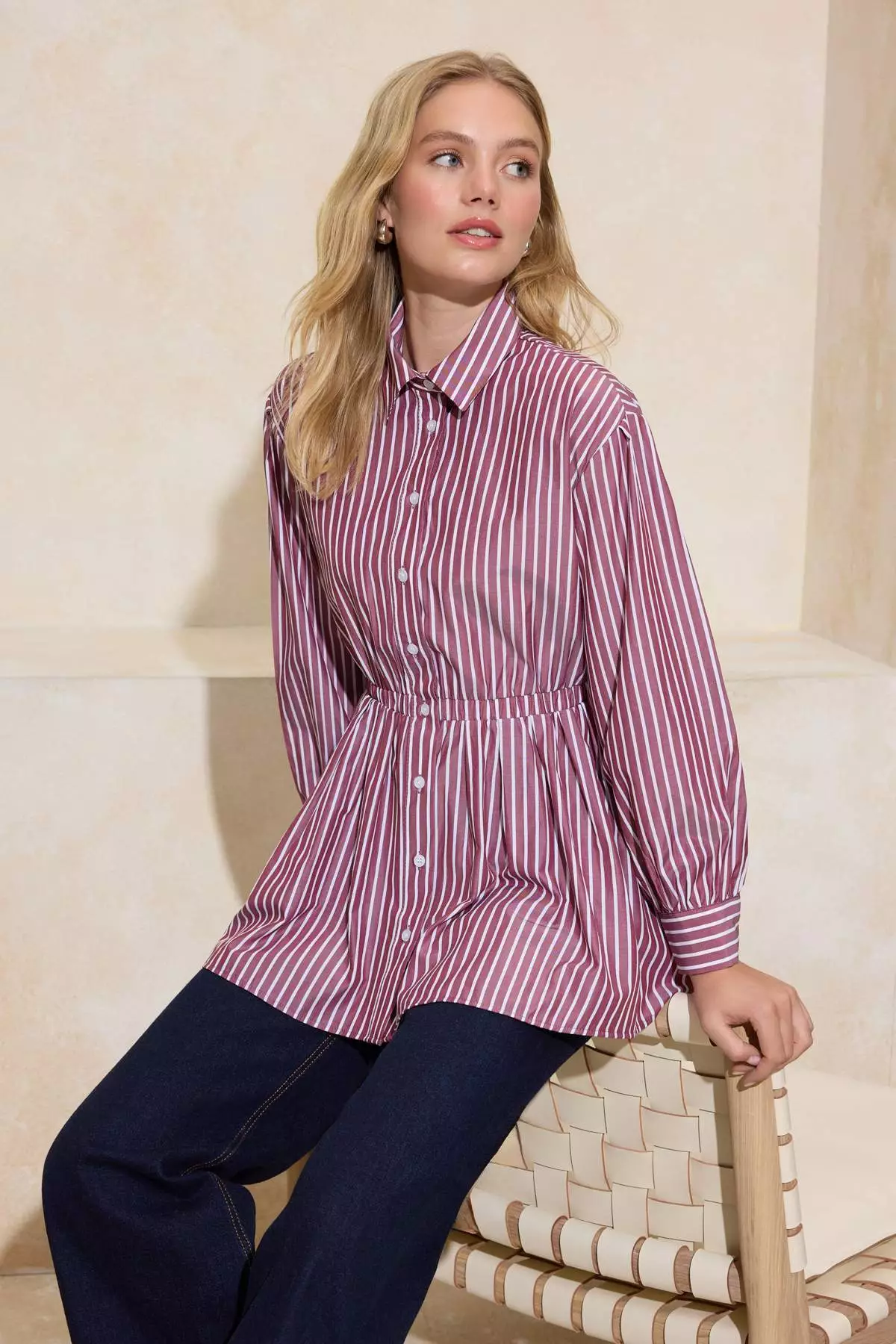 Burgundy Fitted Shirt With Elastic Detail At The Waist, Pack Of Cotton Striped Fitted Shirts Tctss26Tg00001