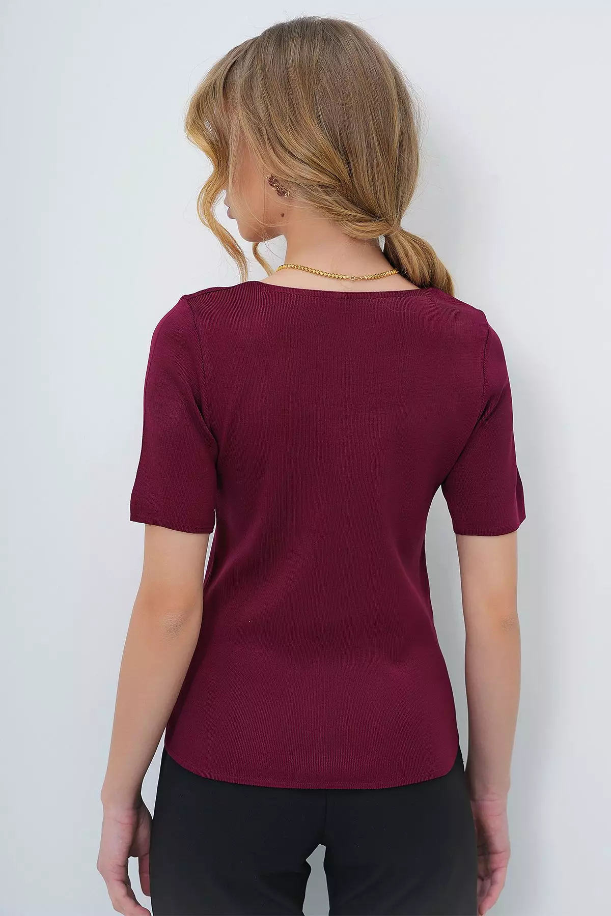 Women's Burgundy Square Neck Short Sleeve Seasonal Knitwear Blouse
