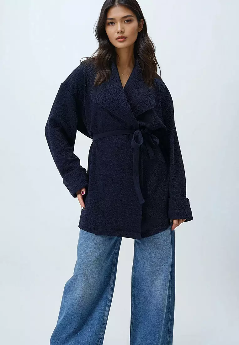 Women's Navy Blue Shawl Collar Self-Textured Belted Long Jacket Alc-X14481