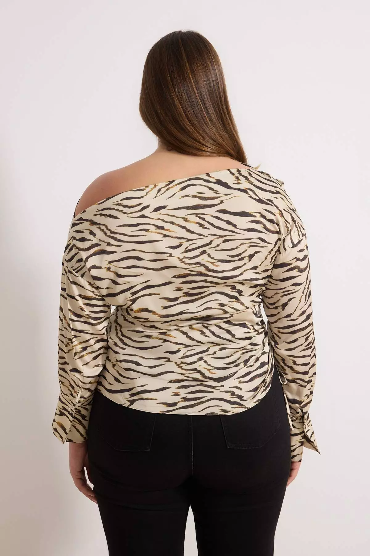 Beige Satin Zebra Patterned Long Sleeve Woven Plus Size Blouse Tbbss26Af00019