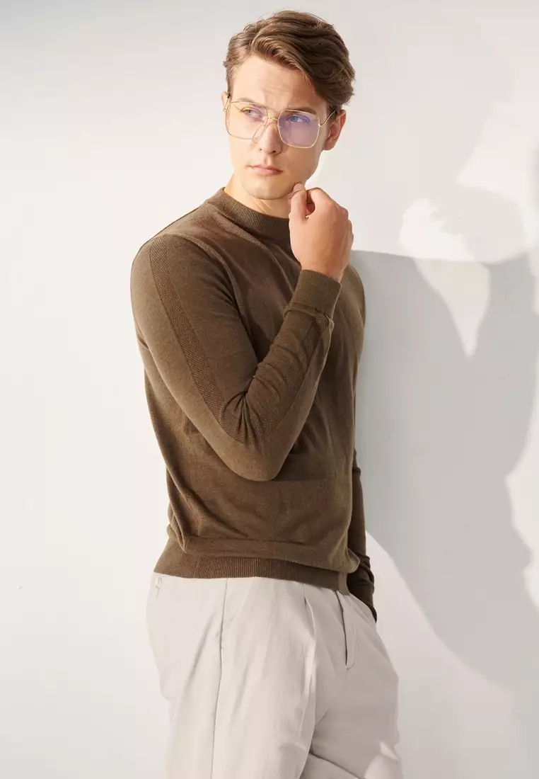 Dark Khaki Green Mock Neck Wool Blend Knitted Sweater