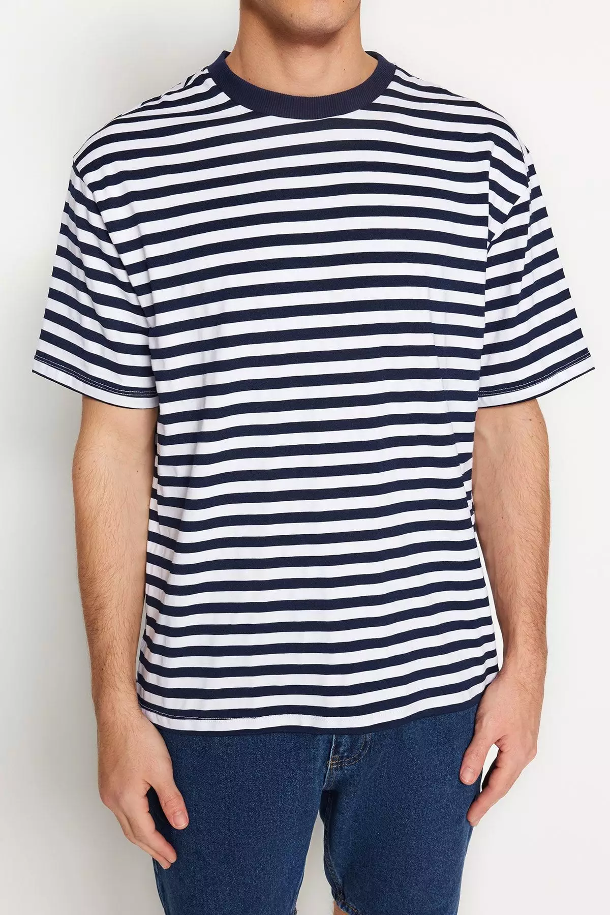 Navy Blue Oversize/Wide Cut Striped Short Sleeve T-Shirt TMNSS20TS0511