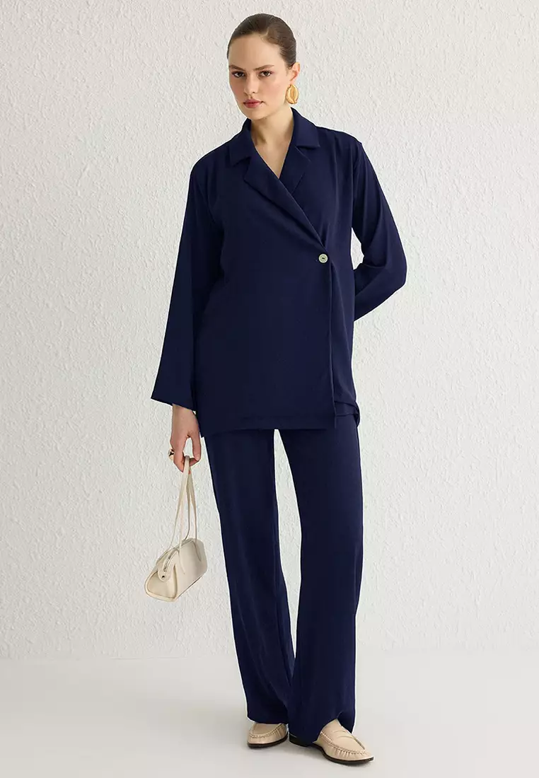Navy Blue Belted Double Breasted Shirt-Pants Woven Bottom-Top Set TCTSS25US00001