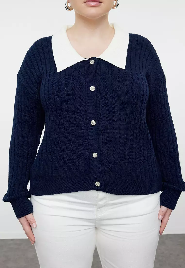 Navy Blue Knitwear Plus Size Cardigan Tbbaw23Av00084