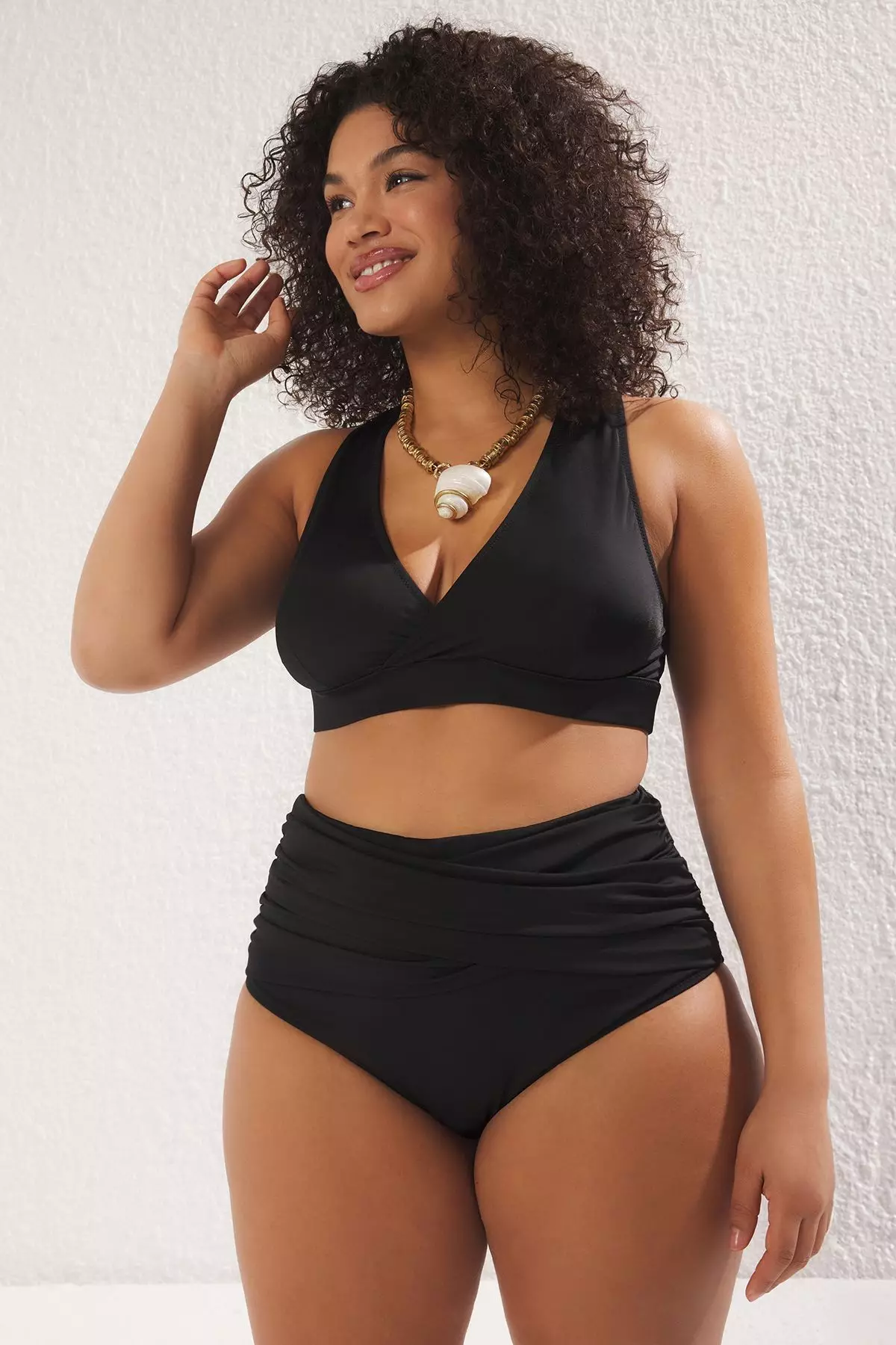 Black Waist Gather Detail High Waist Plus Size Bikini Bottom