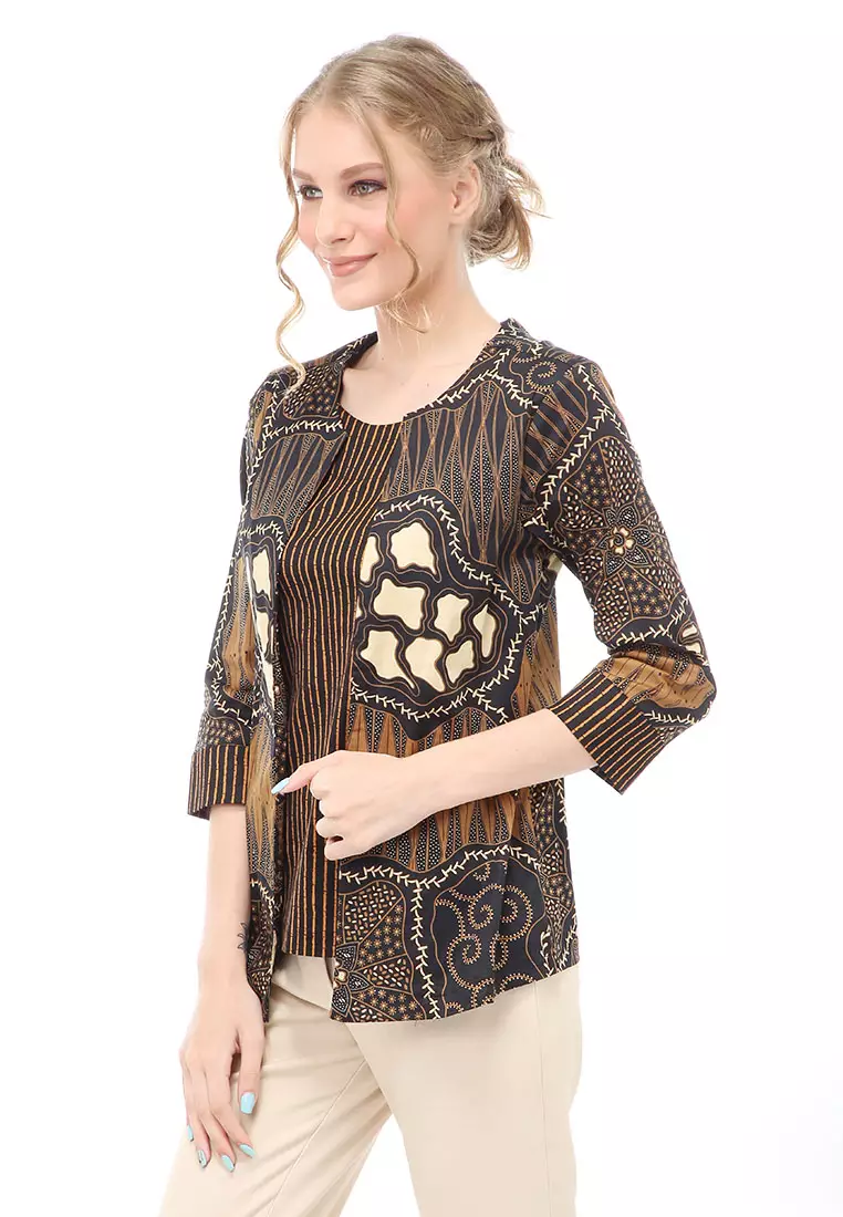 Lynelle Atasan Formal Wanita Blouse Batik Ali Lengan Panjang Material Cotton ORIGINAL - Brown