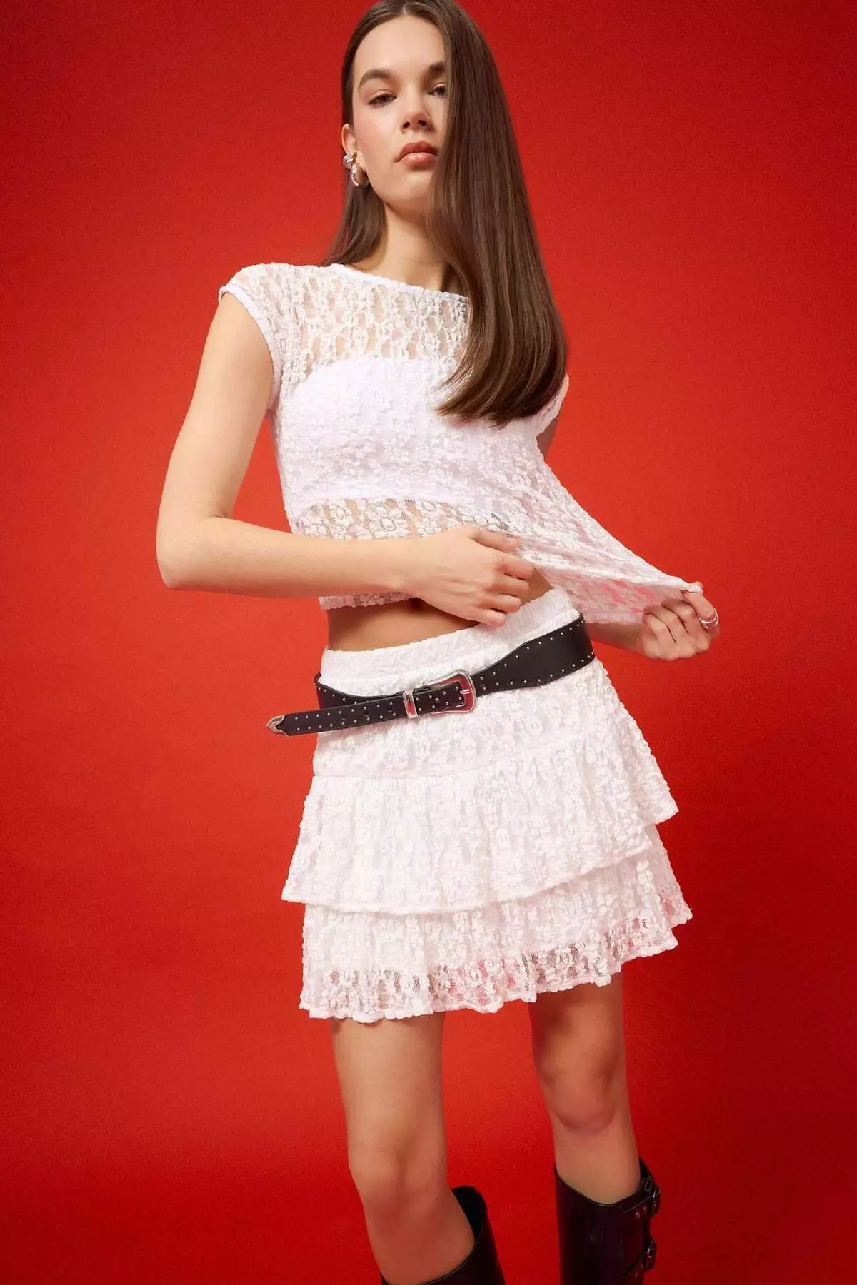 Coool Fitted Crop Lace Short Sleeve White Blouse F1778Ax25Sm