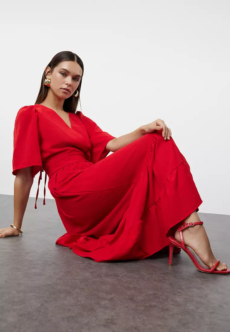 Red Belted Woven Double Breasted Collar Back Detailed Midi Woven Dress