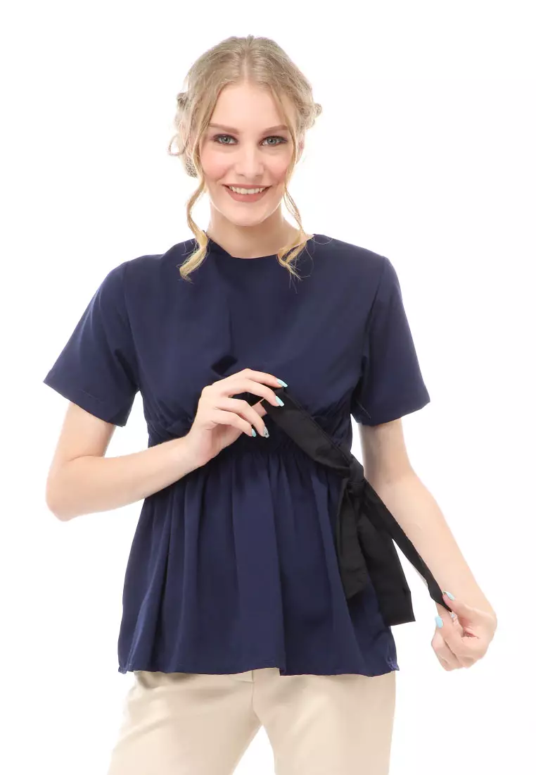Cheva Blouse Atasan Wanita Kasual Pinggang Karet Pita Ikat Simple Material Wolfis ORIGINAL - Navy